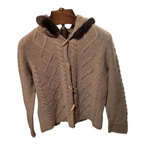 Carole Little Camel Cable Knit Hooded Faux Fur Wool Cardigan Sweater Size Medium